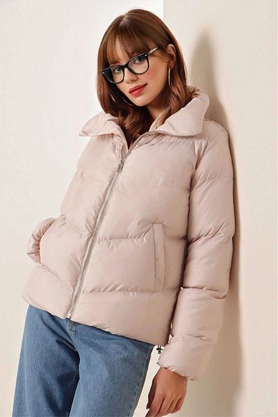hazelin Beige Waist Drawstring Stand Collar Puffer Jacket - Hzl25W-Bd 131791