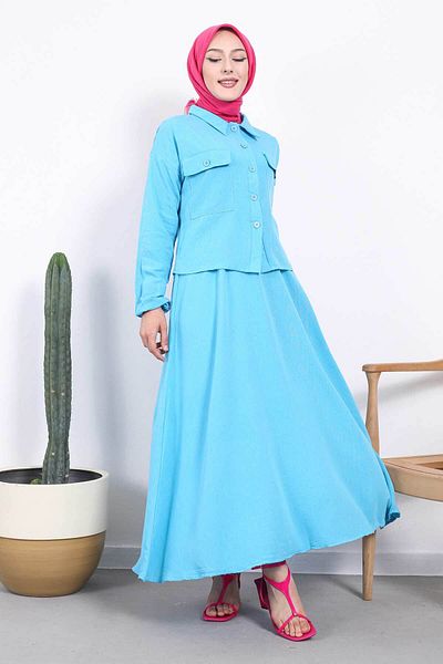 İmajButik Turquoise Double Pocket Skirt Linen Suit
