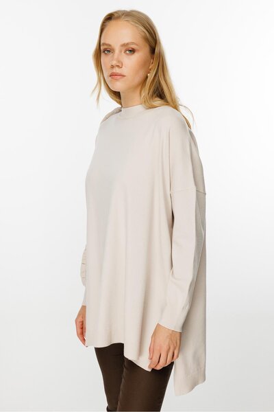 Ghisa Kolu Fırfırli Triko Tunik Krem