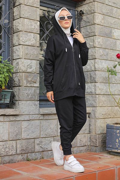 İmajButik Σετ αθλητικής φόρμας δύο κλωστών με μαύρη κουκούλα με τσέπες