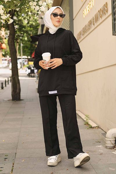 İmajButik Black Two Thread Hijab Set with Label on the Front