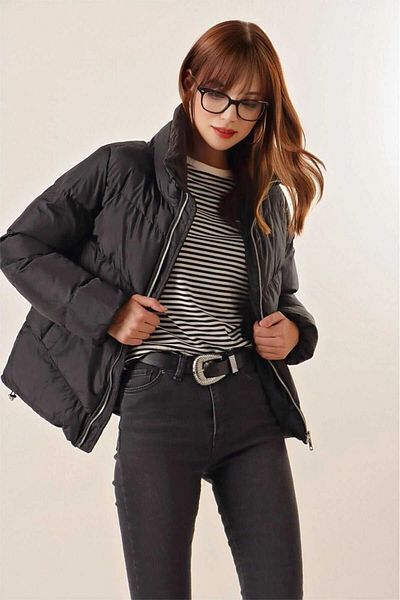 hazelin Black Waist Drawstring down Jacket - Stand Collar Hzl25W-Bd 131791