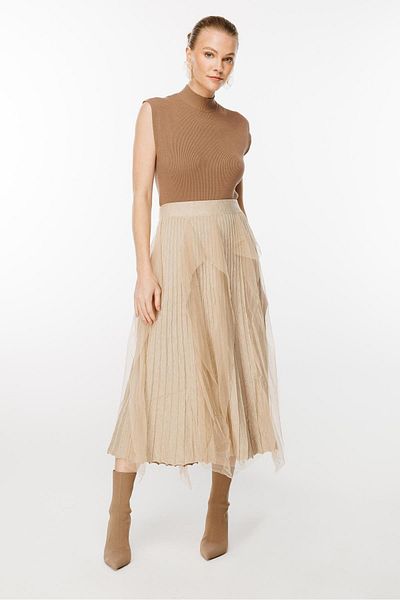 Ghisa Camel Knitwear Skirt - Tulle Detailed