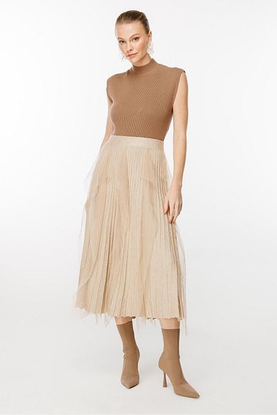 Ghisa Camel Knitwear Skirt - Tulle Detailed