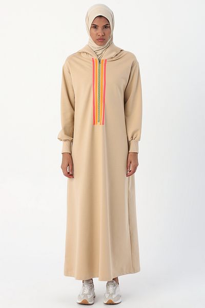 ALLDAY Bej01 Neonstreifen-Kleid mit Kapuze