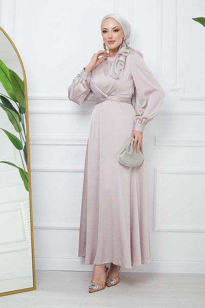 İmajButik Satin Evening Dress with Stone Lacing Detail