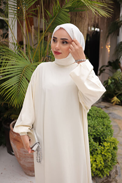 İmajButik Cream Crewneck Balloon Sleeve Loose Dress