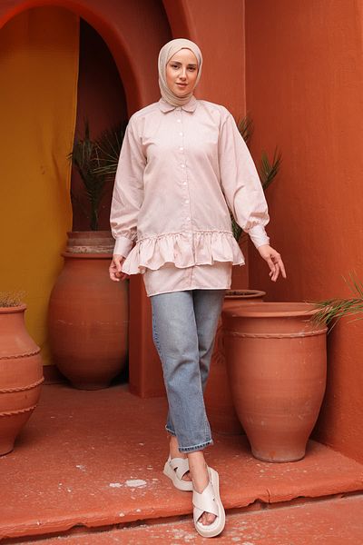 İmajButik Camel Tunic με ρίγες και πέρλες - βολάν