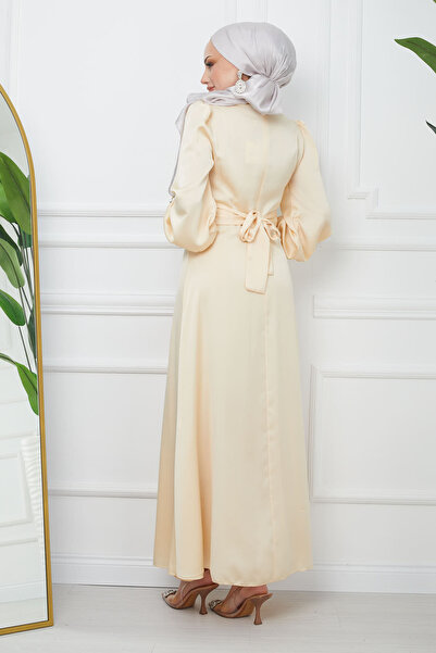 İmajButik Gold Shoulder Pleated Satin Evening Dress