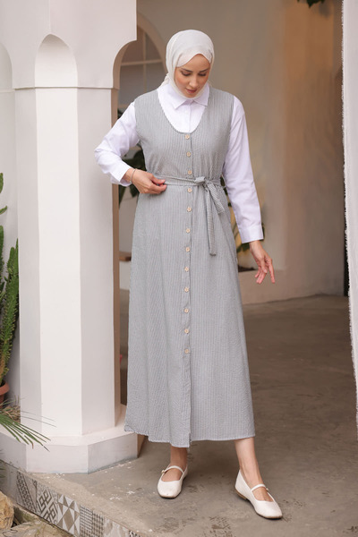 İmajButik Γκρι φόρεμα Gilet πουκάμισο με κουμπιά