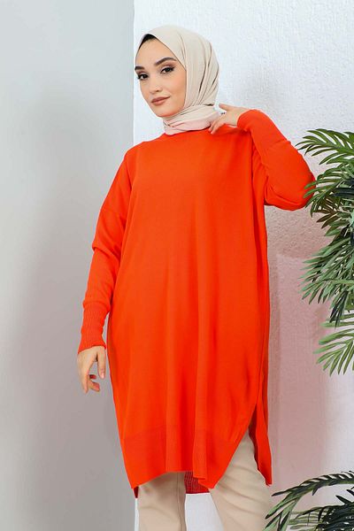 İmajButik Orange Crew Neck Mercerized Loose Knitwear Tunic