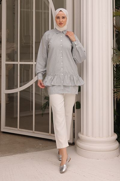İmajButik Anthracite Pearled Striped Ruffle Tunic