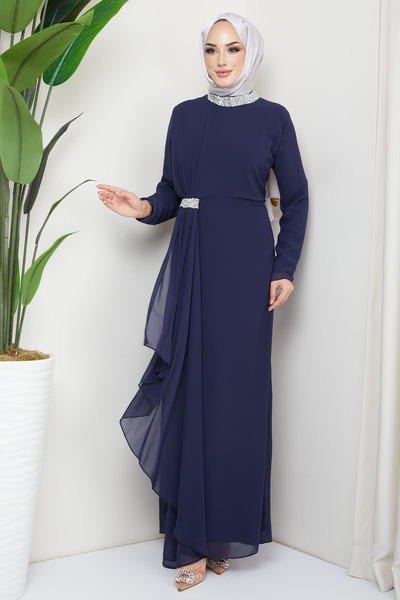 İmajButik Rochie de seara din sifon cu piatra marime, albastru plus