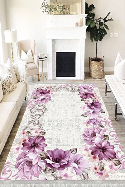 MOTTO HALI Floral Cotton Şönil Kaymaz Tabanlı Yıkanabilir Antibakteriyel Diji...