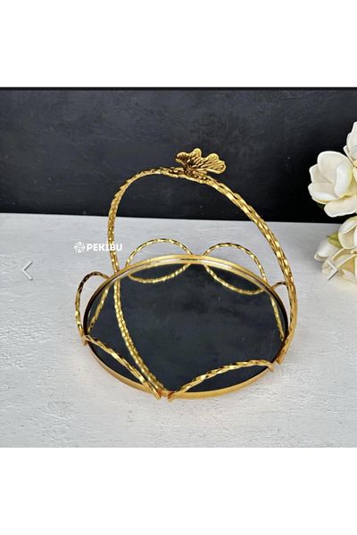 PEKİBU Papatya Model Handled Mirrored Presentation Tray Gold Small