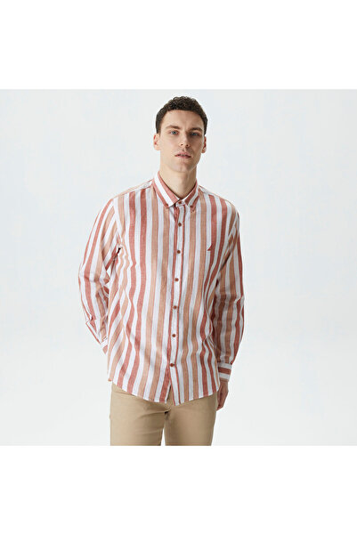 Nautica Erkek Turuncu Classic Fit Uzun Kollu Çizgili Keten Gömlek