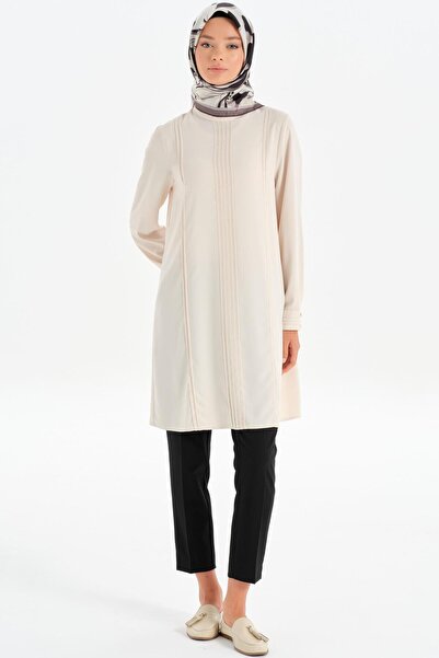 Tuğba Nervürlü Taş Şerit  Detaylı Tunik - Bej