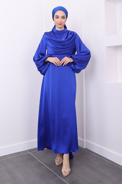 İmajButik Σατέν βραδινό φόρεμα - Saks Blue, μπαλόνι μανίκι και λαιμόκοψη