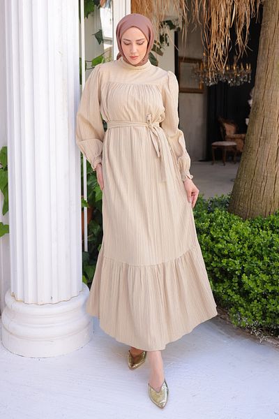 İmajButik Beige Sleeves Elastic Seersucker Dress