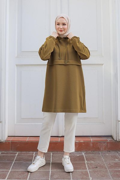 Armine Trend Hooded Sleeves Elastic Tunic-Fat Green 24Kt454