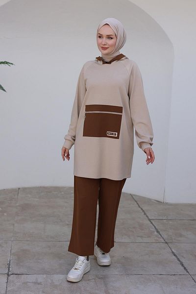 Armine ARMINE TREND طقم مكون من قطعتين بأكمام مضلعة وبنطلون مضلع - بيج 24KT625