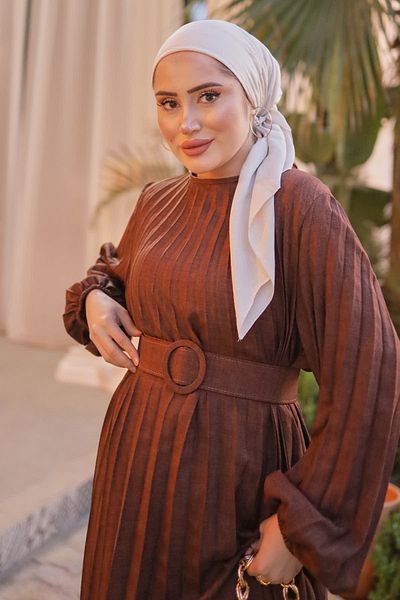 İmajButik Καφέ φόρεμα με ζώνη με πλισέ