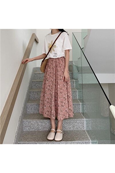 Choice تنورة طويلة بقصة واسعة مطوية، بنقشة زهور وردية عتيقة، مقاس واحد، مناسبة لصيف النساء 2024، تنورة كورية