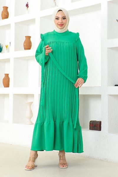İmajButik Πράσινο φόρεμα με πλισέ φύλλο