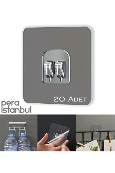 Pera İstanbul 20 Adet Süper Güçlü Şeffaf Çerçeve Askısı Lekesiz Duvar Yapışkanı Mutfak Banyo Raf Tutucu Aksesuarı