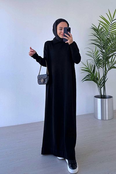 Ka Hijab Black Hijab Dress - Shirt Collar and Mercerized Detail