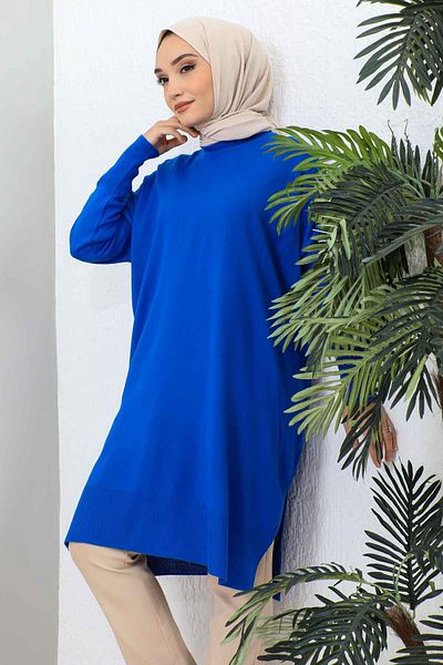 İmajButik Saks Blue Crew Neck Mercerized Casual Knitwear Tunic