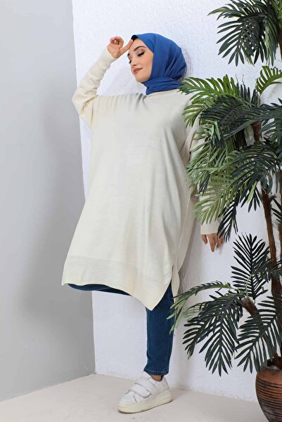 İmajButik Πέτρινο Crew Neck Mercerized Casual Knitwear Tunic