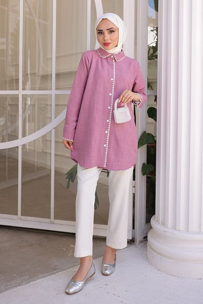 İmajButik Λινό πουκάμισο Dusty Rose με λεπτομέρεια στο μπροστινό γιακά