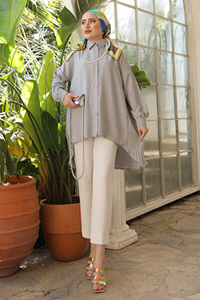 İmajButik Gray Necklace Back Pleated Linen Shirt