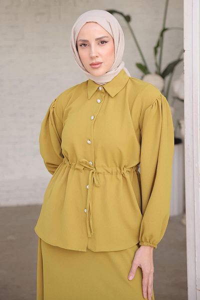 İmajButik Oil Green Waist Detailed Tunic Skirt Set