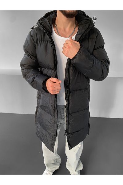 NO1 KONSEPT Palton puf lung cu glugă neagră