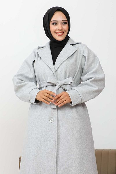 İmajButik Ανοιχτό γκρι ριμπ γιακά ραμμένο παλτό
