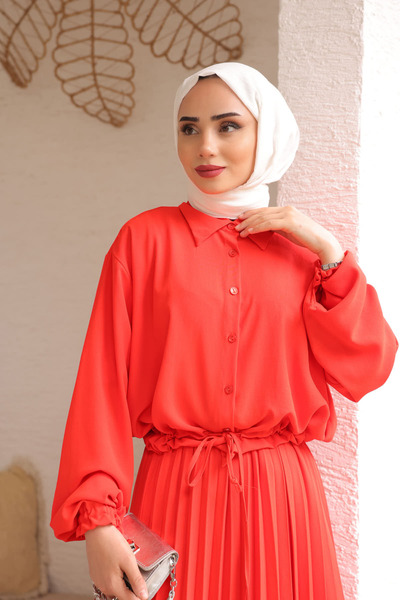 İmajButik Pomegranate Flower Arm Waist Detailed Blouse Pleated Skirt Set