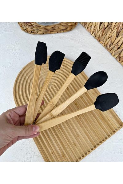 PEKİBU Set of 5 Black Bamboo Silicone Mini Spatulas