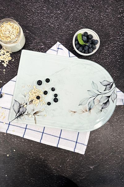 Decorita Dark Floral Glass Cutting Board - Oval Edge, 25cm x 35cm, Patented Product