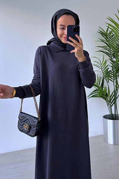 Ka Hijab Gömlek Yaka Merserize Tesettür Elbise - Füme