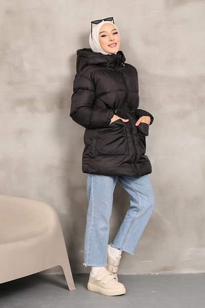 İmajButik Μαύρο παλτό με κορδόνι τσέπης με κουκούλα