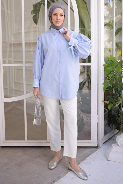 İmajButik Baby Blue Sleeve Detailed Terikoton Shirt