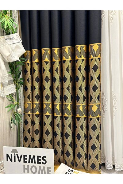 NİVEMESHOME Nivemeshome Lara Ft 671538   V-503 1/3 Κοντά πλισέ Μαύρο Χρυσό Φόντο Κουρτίνα Apm