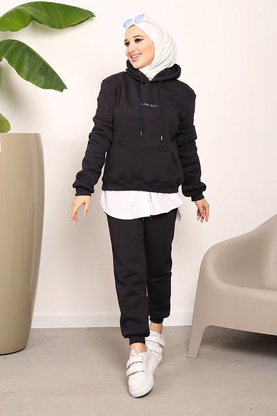 İmajButik Dark Navy Blue Hooded Three Thread Tracksuit Set