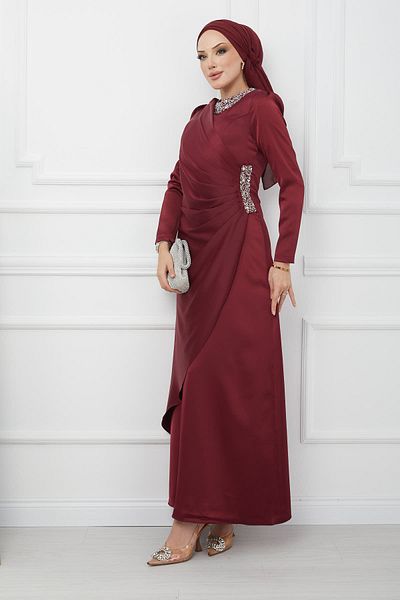 İmajButik Βραδινό φόρεμα από μπορντό πέτρινο σατέν