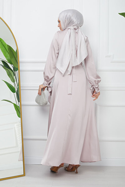 İmajButik Gold Collar Detailed Sleeve Tied Satin Evening Dress