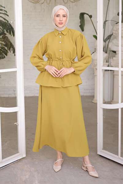 İmajButik Oil Green Waist Detailed Tunic Skirt Set