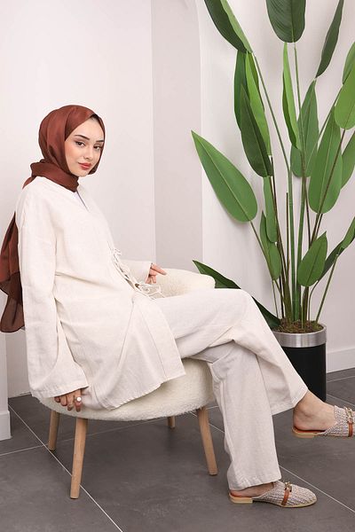 İmajButik Linen Set - Stone Kimono and Trousers Set