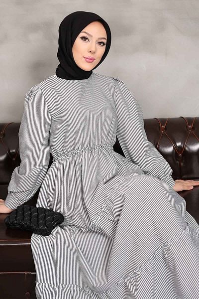 İmajButik Anthracite Waist Detailed Skirted Striped Dress